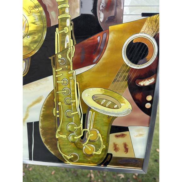 Paul Brent Hand Painted Glass Saxophone Music Sun Catcher Framed 16x11.5” - Picture 4 of 6